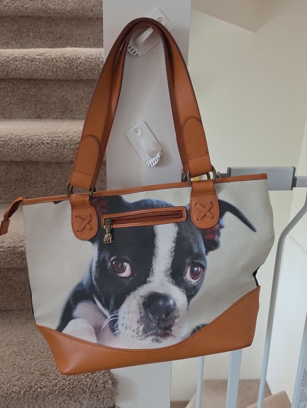 BOSTON TERRIER Canvas Tote Bag with Puppy Print in Tan and Cream